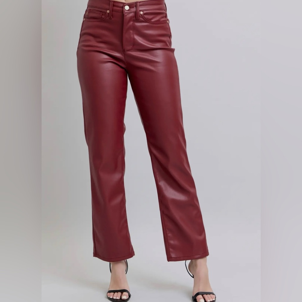 173. Valentina, Tummy control leather straight pants, red, various sizes